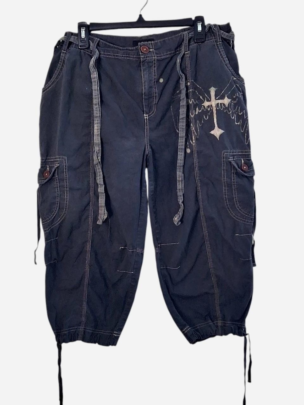 Black Cargo Shorts with Winged Bleach Cross Print Grunge Y2k